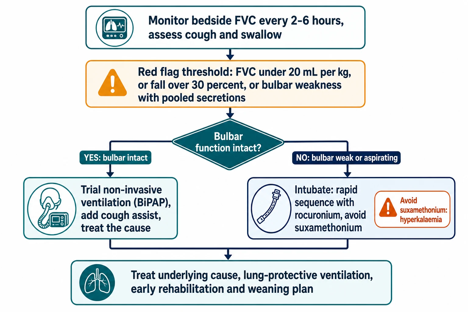 Escalation flowchart from FVC monitoring to the airway decision between non-invasive ventilation and intubation