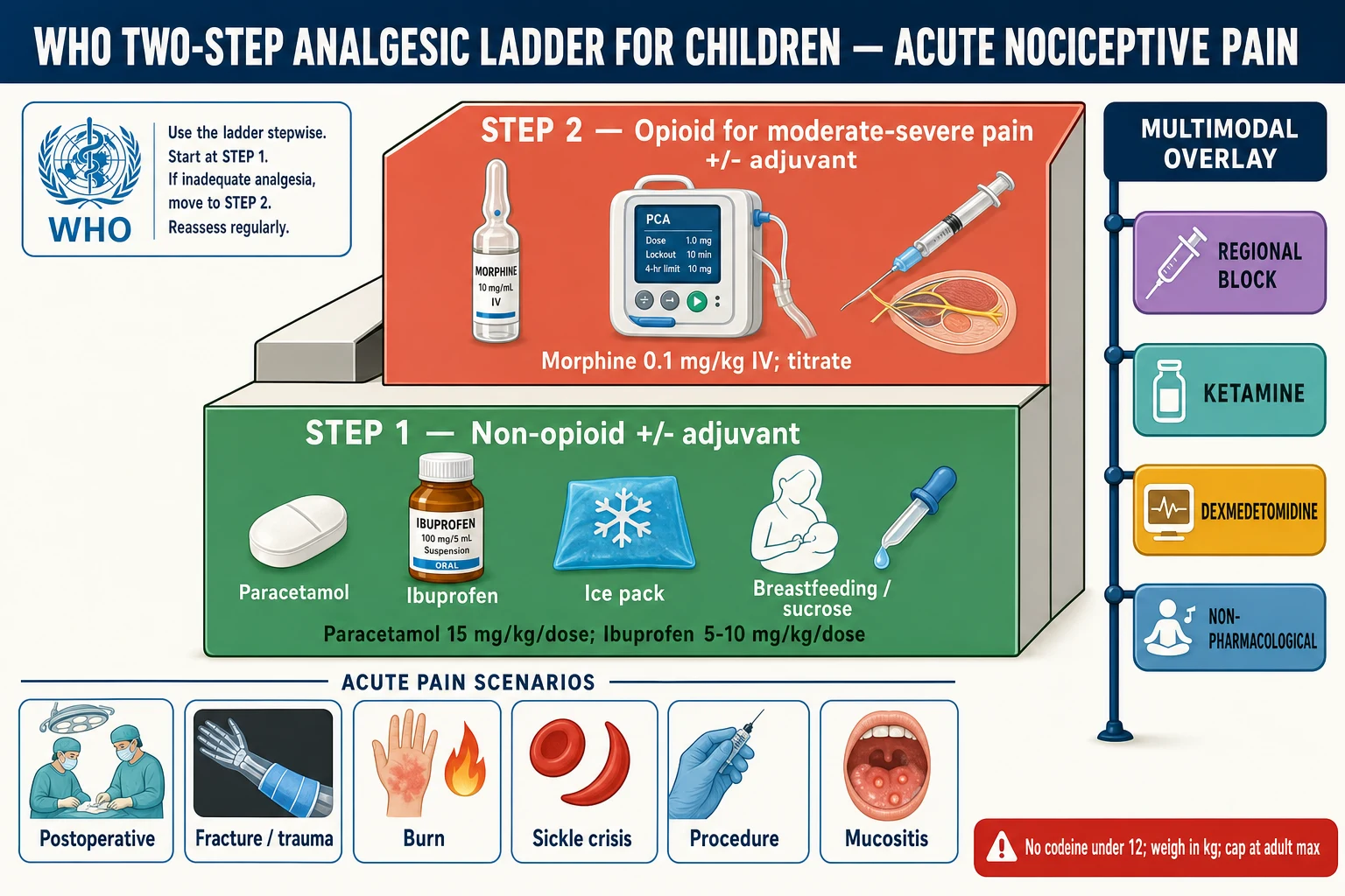 Reviewed educational infographic of the WHO two-step analgesic ladder adapted for children. A two-tier ascending staircase: step one a green band labelled non-opioid plus adjuvant with paracetamol and ibuprofen doses and an ice pack and sucrose icon; step two a coral band labelled opioid for moderate-to-severe pain with a morphine ampoule, a PCA pump and a regional-nerve-block syringe. A vertical multimodal overlay lists regional block, ketamine, dexmedetomidine and non-pharmacological measures. A bottom row shows six acute-pain scenario panels: postoperative, fracture or trauma, burn, sickle crisis, procedure and mucositis. A red strip warns no codeine under 12, weigh in kg and cap at the adult max.