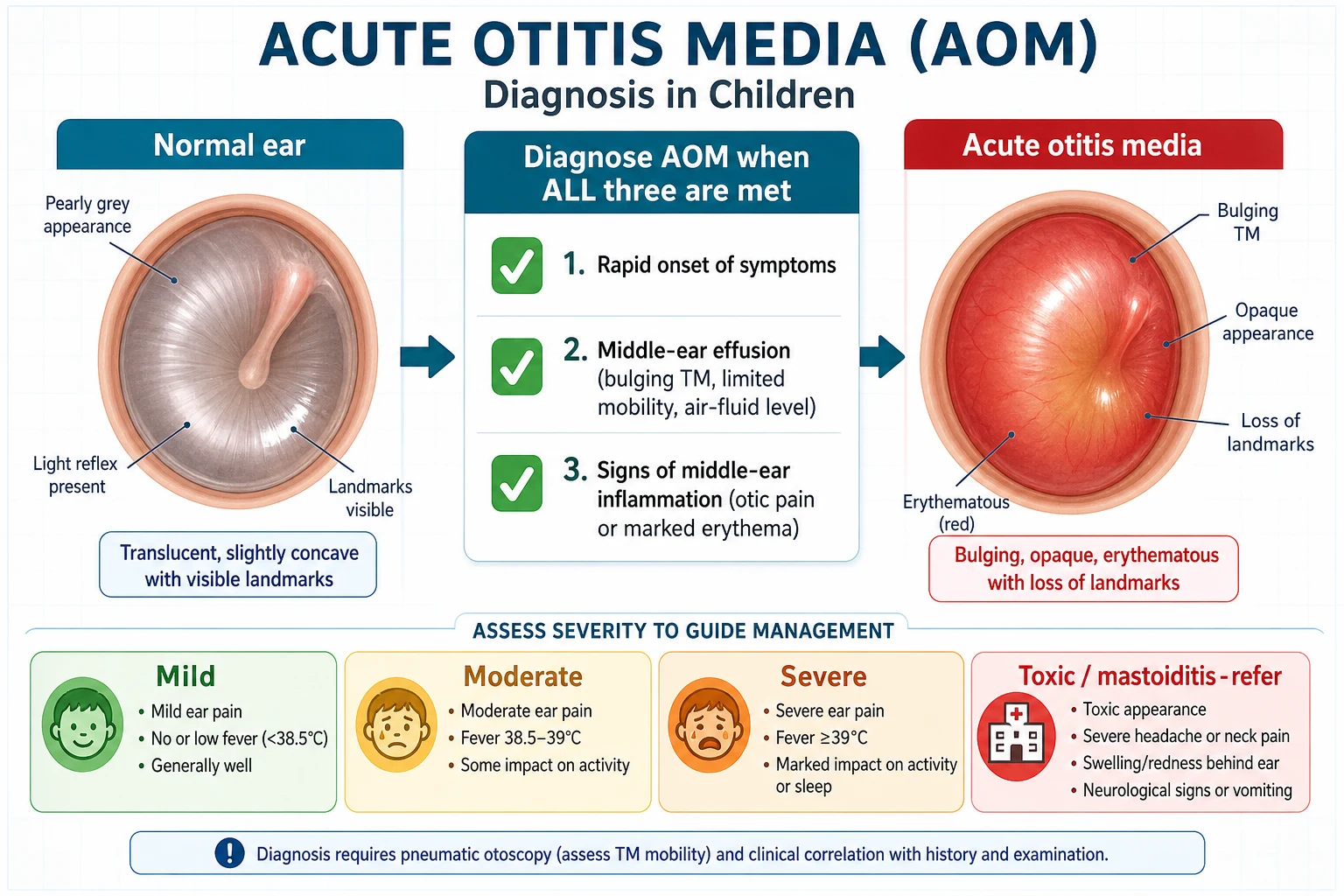 Educational schematic comparing a normal pearly-grey tympanic membrane with the bulging, opaque, erythematous membrane of acute otitis media, the three-part diagnostic criteria, and a mild-to-severe severity strip with a toxic or mastoiditis referral marker