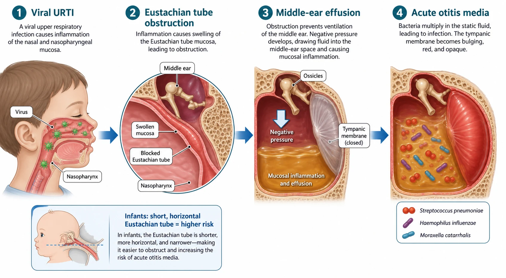 Educational mechanism schematic of acute otitis media showing a viral upper respiratory infection causing Eustachian tube obstruction, middle-ear effusion and negative pressure, then bacterial superinfection producing a bulging erythematous tympanic membrane, with an infant anatomy risk note