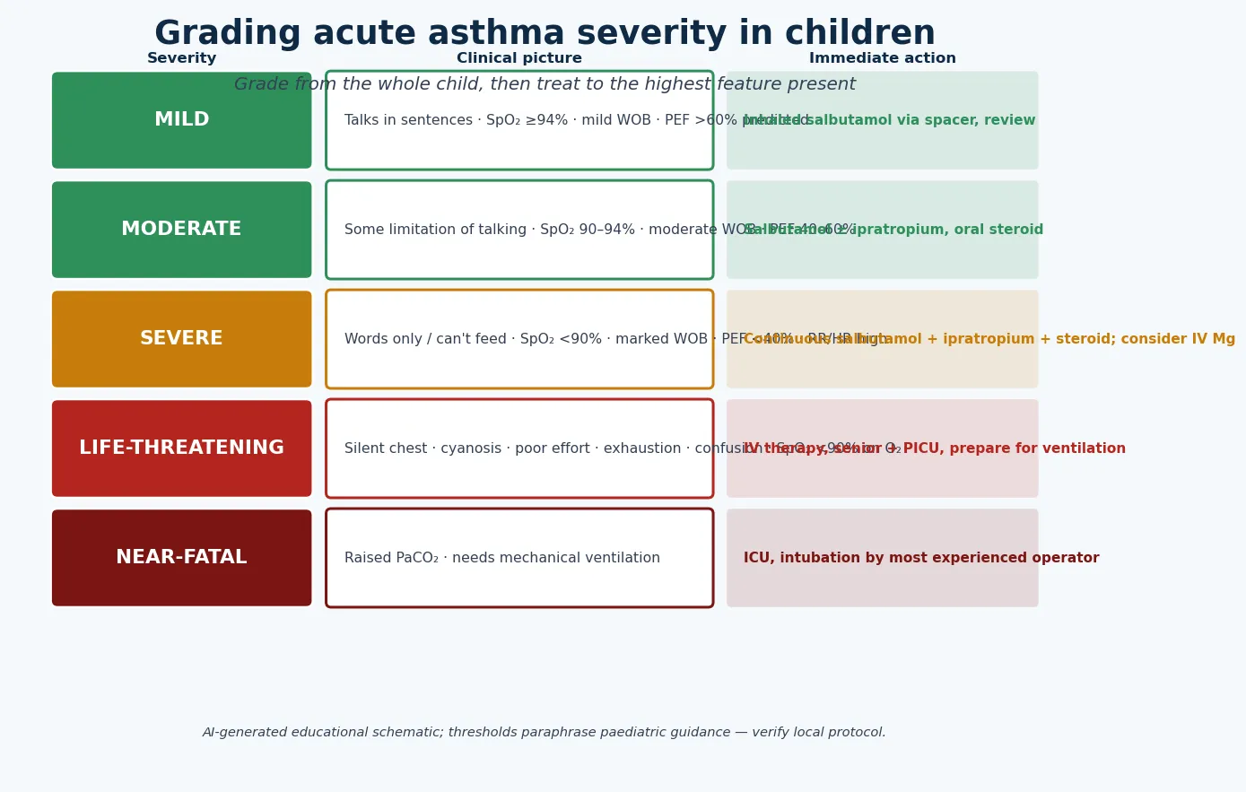 Educational schematic grading paediatric acute asthma from mild through moderate, severe, life-threatening and near-fatal, showing the clinical picture and the immediate action at each severity band