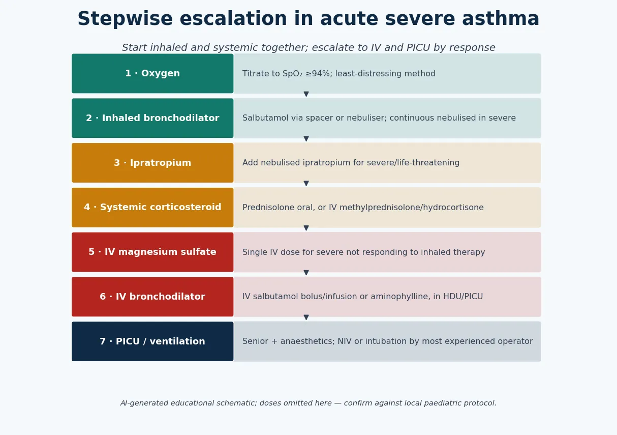 Educational schematic of the stepwise escalation of acute severe asthma from oxygen and inhaled bronchodilator through ipratropium, systemic corticosteroid, intravenous magnesium, intravenous bronchodilators and PICU or ventilation