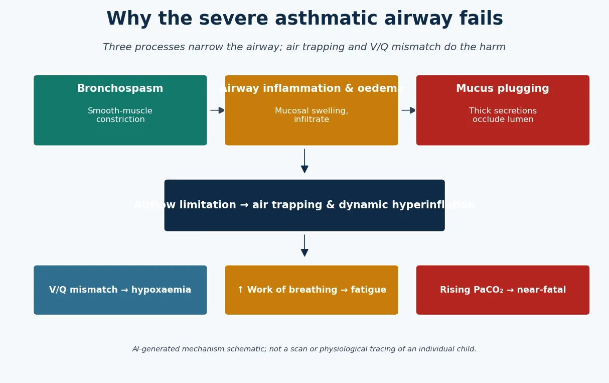 Educational mechanism schematic of severe asthma showing bronchospasm, airway inflammation and oedema, and mucus plugging converging on airflow limitation, air trapping, ventilation-perfusion mismatch, fatigue and rising carbon dioxide