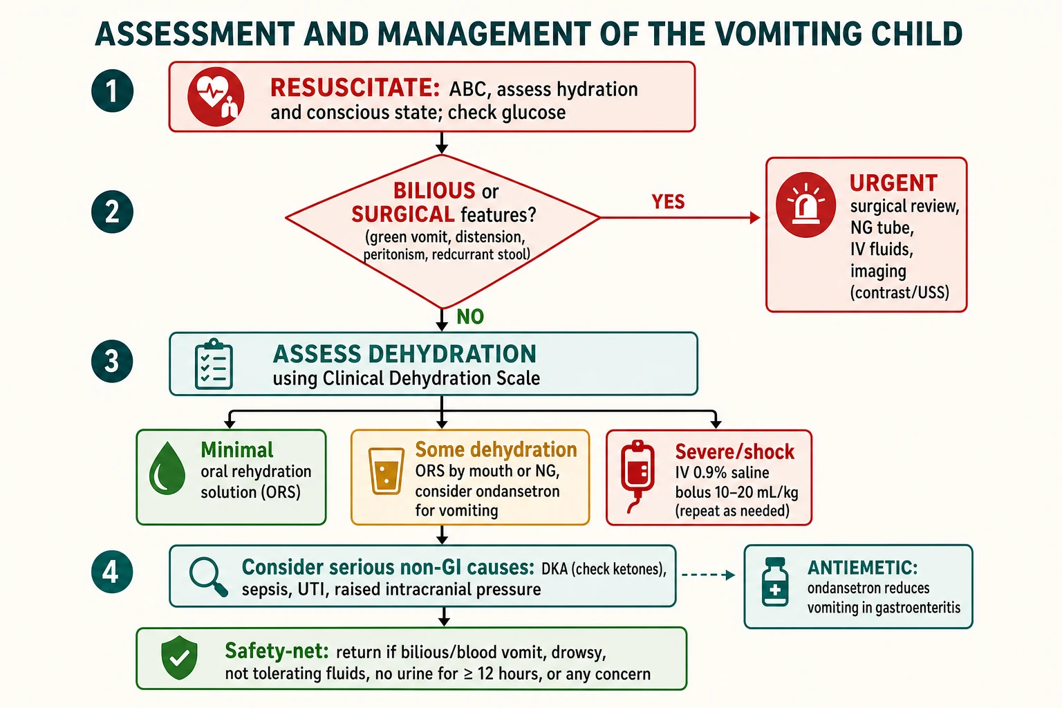 Assessment and management algorithm for the vomiting child showing resuscitation and glucose check first, then a decision point for bilious or surgical features leading to urgent surgical review, then dehydration assessment with the Clinical Dehydration Scale leading to oral rehydration, ondansetron-assisted oral rehydration or intravenous fluids, a reminder to consider DKA, sepsis, UTI and raised intracranial pressure, and a safety-net box.