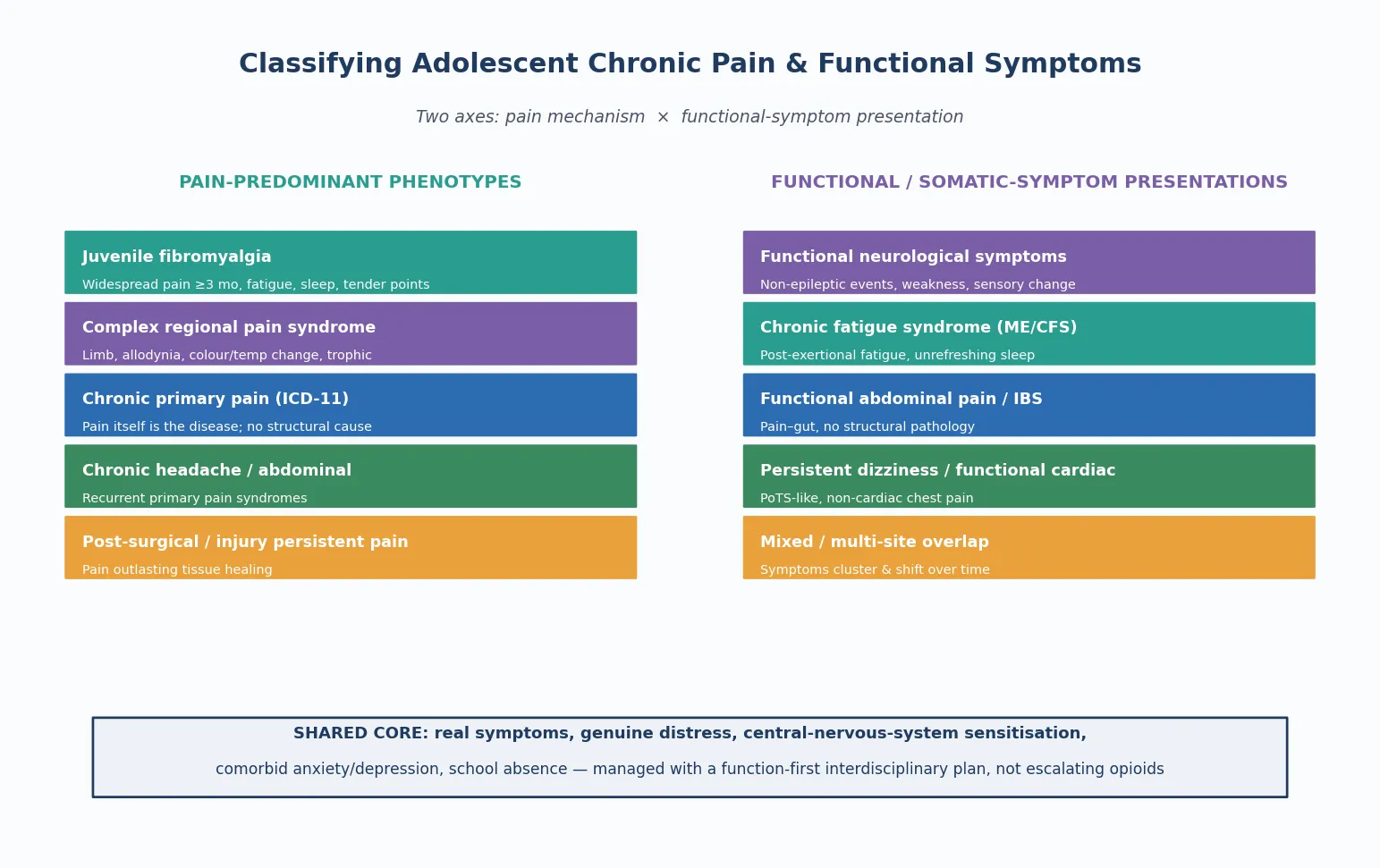 Educational two-column classification of adolescent chronic pain and functional symptoms, with pain-predominant phenotypes on the left and functional-symptom presentations on the right, joined by a shared biopsychosocial core