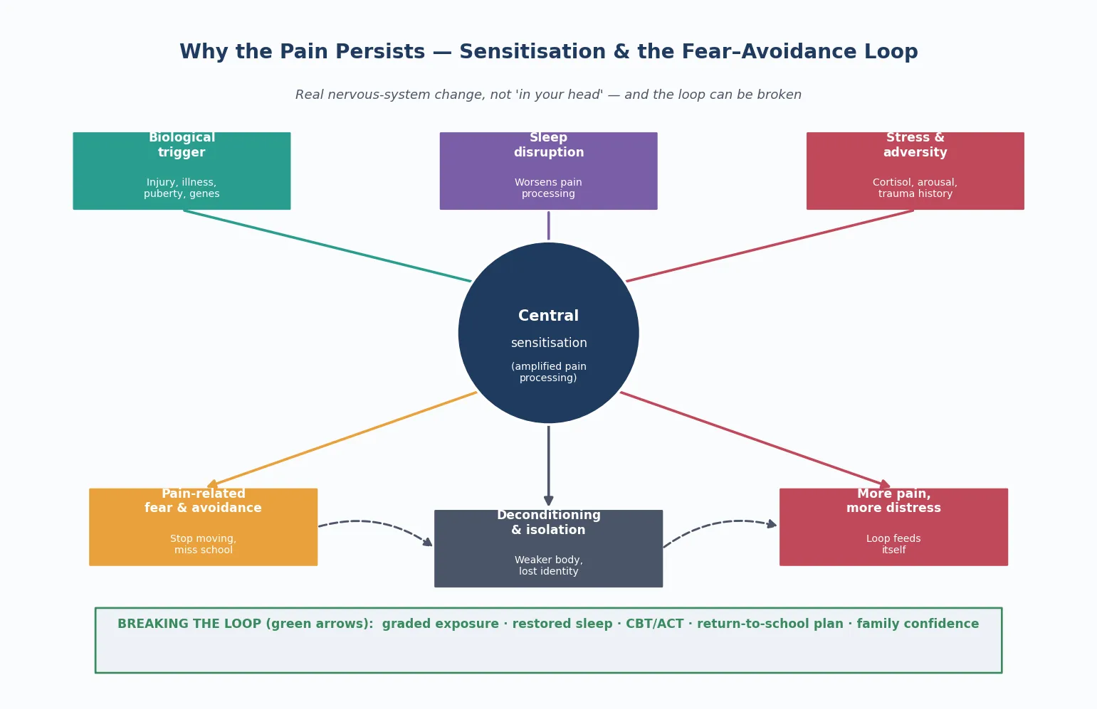 Educational mechanism diagram showing central sensitisation as a hub driven by biological triggers, sleep disruption and stress, with a fear-avoidance loop of pain-related fear, deconditioning and more pain, and the function-first interventions that break the loop