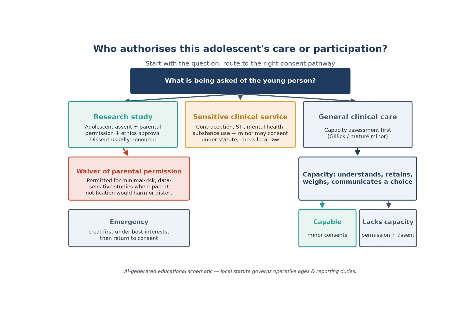Educational decision-tree schematic classifying who authorises an adolescent's participation: research study (assent plus parental permission plus ethics approval, with a waiver branch), sensitive clinical service (statute-based minor consent), and general clinical care (capacity assessment)