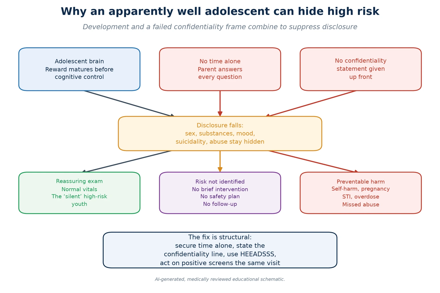 Mechanism schematic linking adolescent brain development and confidentiality failure to suppressed disclosure, missed risk and preventable harm