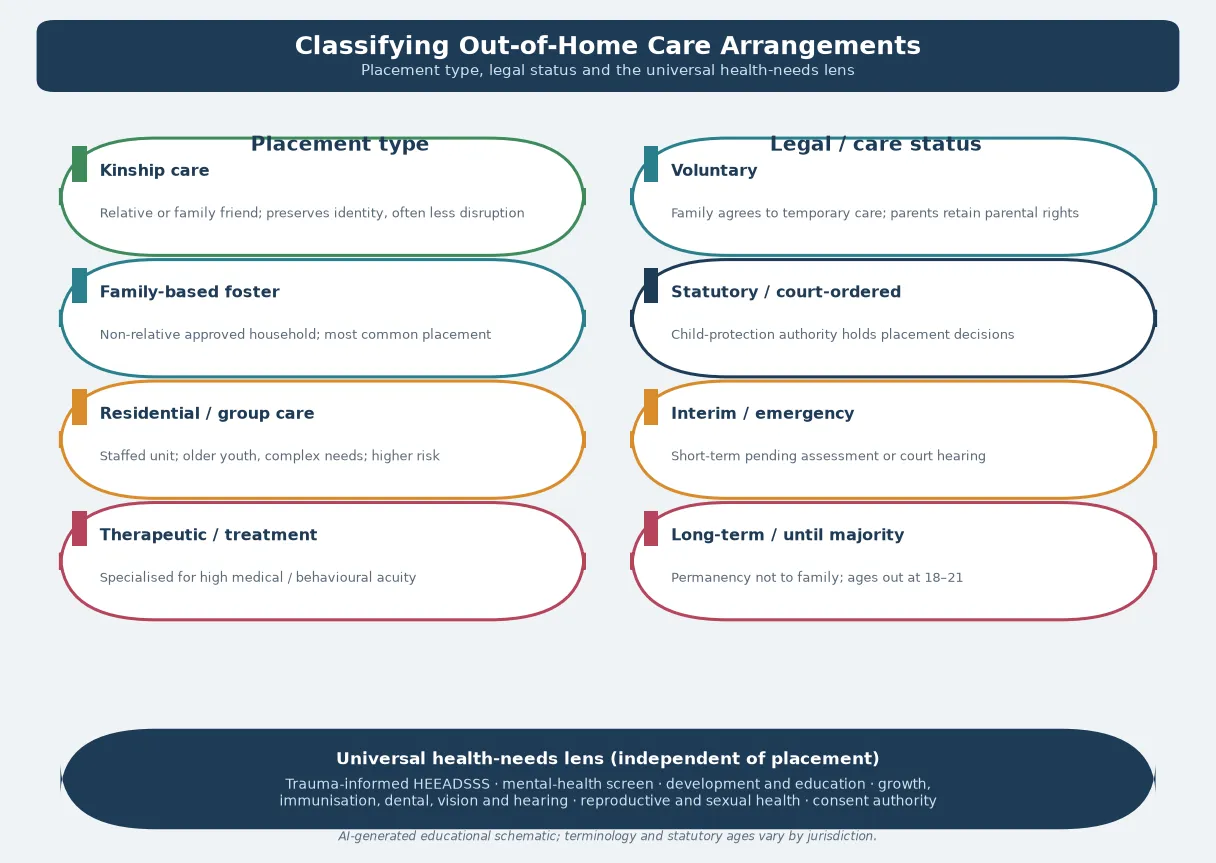 Educational two-column schematic classifying out-of-home care arrangements by placement type (kinship, family-based foster, residential or group, therapeutic) and by legal or care status (voluntary, statutory, interim, long-term), with a universal health-needs lens band beneath