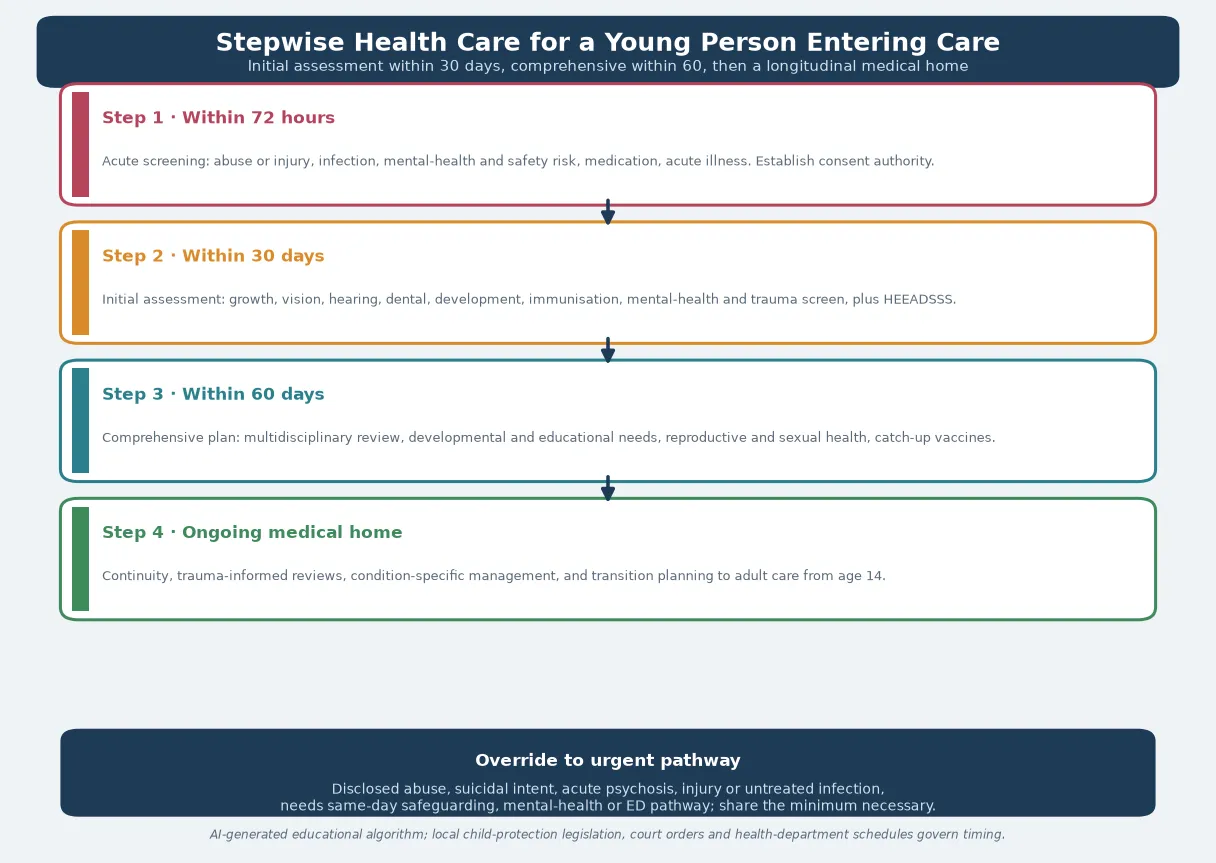 Educational stepwise algorithm for health care of a young person entering out-of-home care: acute screening within 72 hours, initial assessment within 30 days, comprehensive plan within 30 days, ongoing medical home, with an urgent safety override