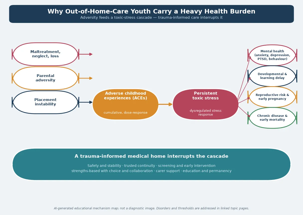 Educational mechanism map showing adversity and adverse childhood experiences feeding a toxic-stress cascade that drives mental-health, developmental, reproductive and chronic-disease outcomes, interrupted by a trauma-informed medical home