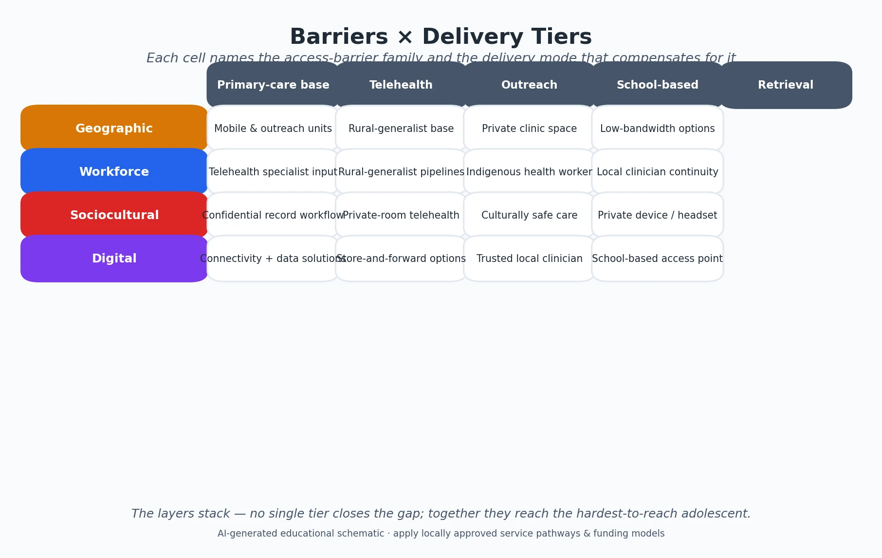 Educational matrix mapping four barrier families against five rural adolescent care delivery tiers with example service responses in each cell