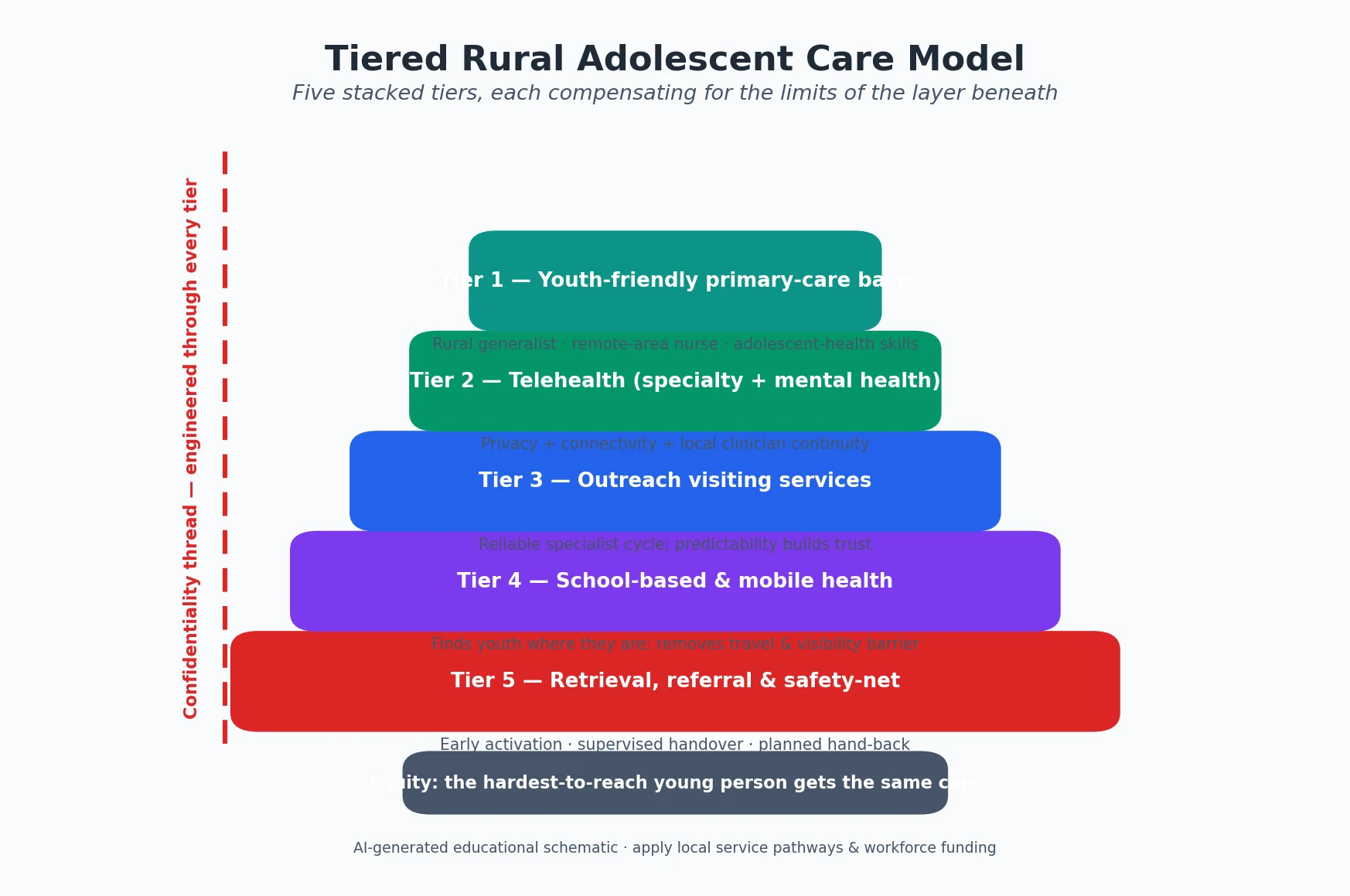 Educational five-tier pyramid showing the stacked rural adolescent care model from youth-friendly primary care through telehealth, outreach, school-based health, and retrieval, with a confidentiality thread running through all tiers