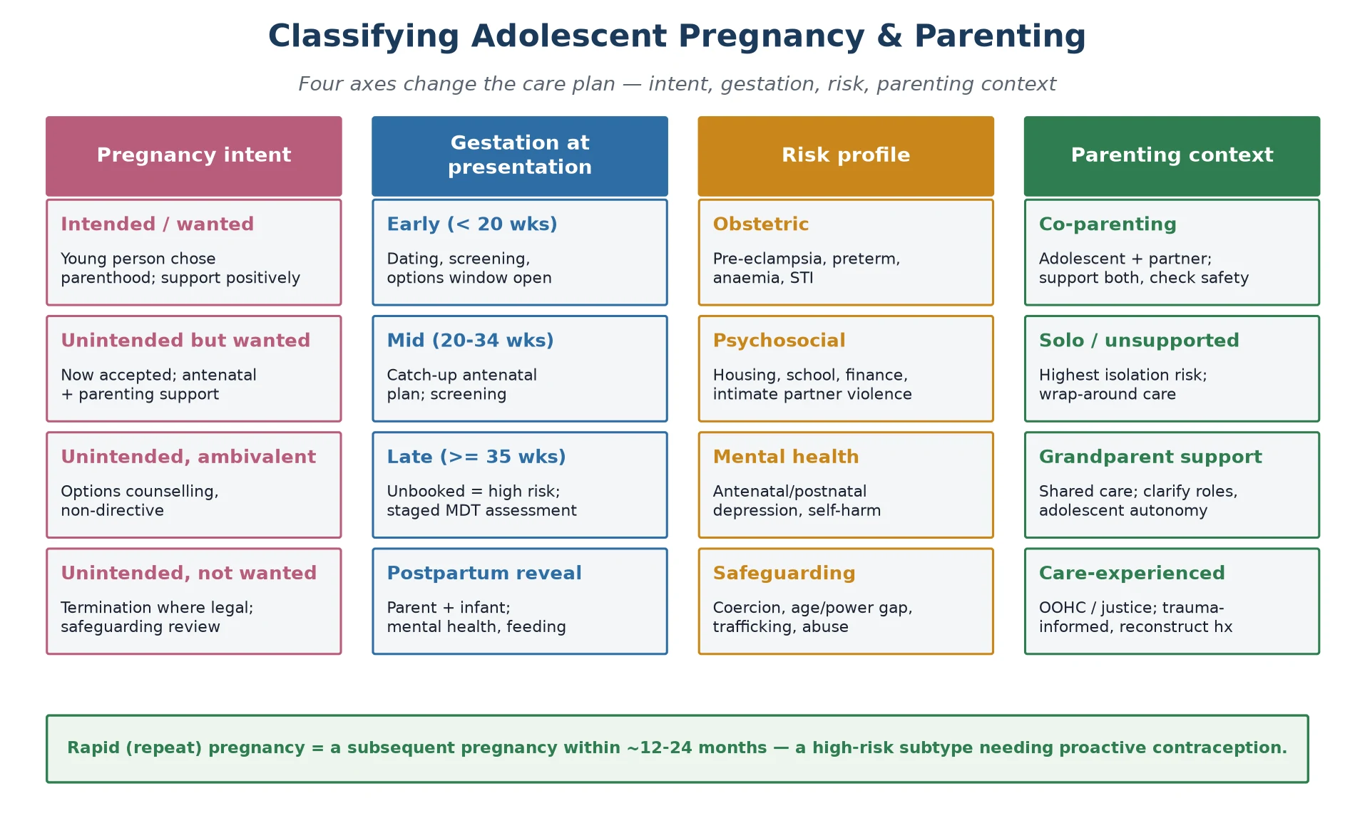 Educational four-axis classification grid of adolescent pregnancy by intent, gestation at presentation, risk profile and parenting context