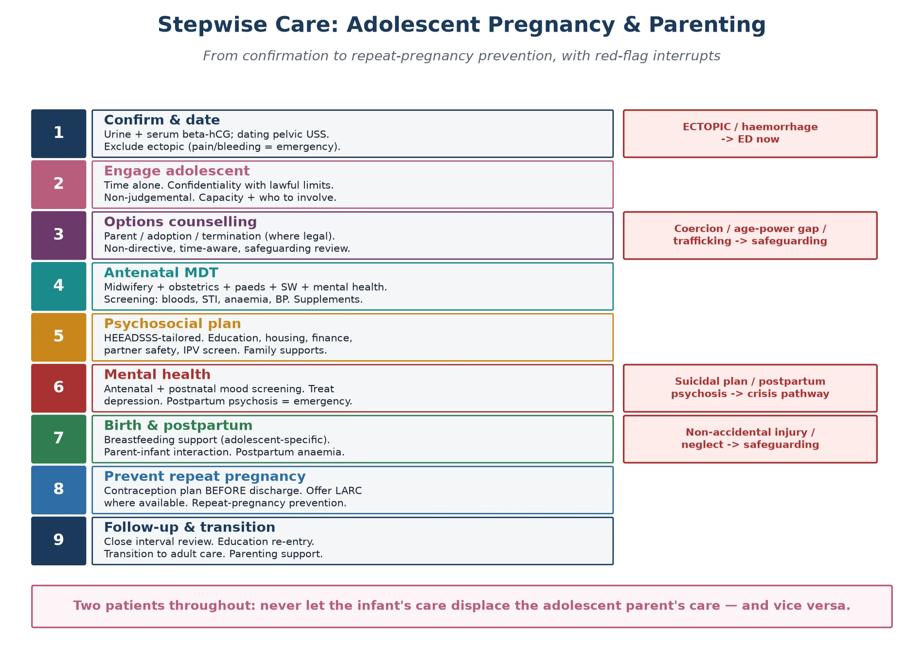 Educational stepwise algorithm for adolescent pregnancy and parenting care from confirmation through antenatal care, options counselling, postpartum support, contraception and follow-up, with red-flag interrupts