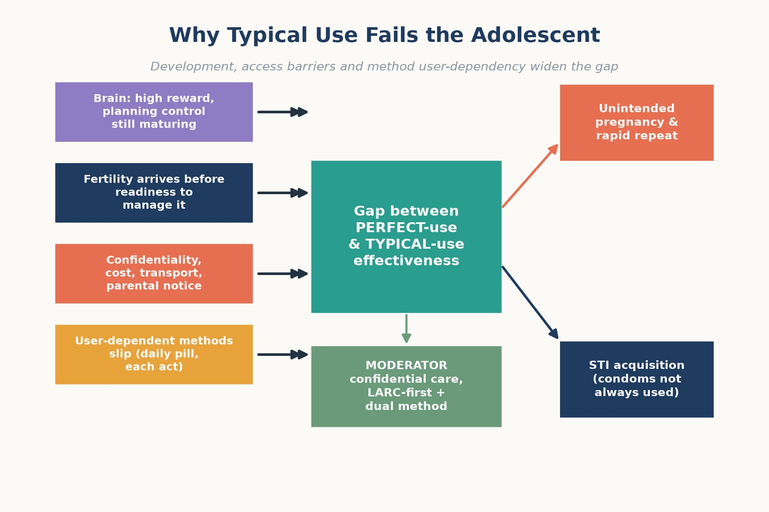 Educational mechanism diagram linking adolescent brain development, fertility, access barriers and method user-dependency to the perfect-use versus typical-use effectiveness gap, with a moderator of confidential LARC-first care