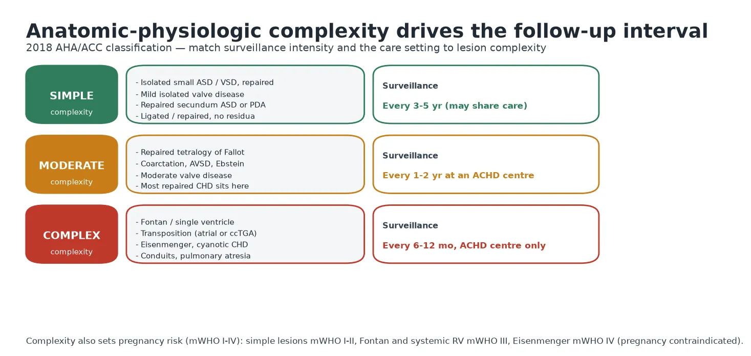 Educational classification table of adult congenital heart disease by anatomic-physiologic complexity: simple lesions (repaired small ASD or VSD, mild isolated valve disease, repaired secundum ASD or PDA) reviewed every three to five years and may be shared with primary care; moderate lesions (repaired tetralogy of Fallot, coarctation, atrioventricular septal defect, Ebstein anomaly, moderate valve disease) reviewed every one to two years at an ACHD centre; complex or great lesions (Fontan or single ventricle, transposition after atrial switch or congenitally corrected, Eisenmenger and cyanotic disease, conduits and pulmonary atresia) reviewed every six to twelve months at an ACHD centre only, with a note that complexity also sets modified WHO pregnancy risk