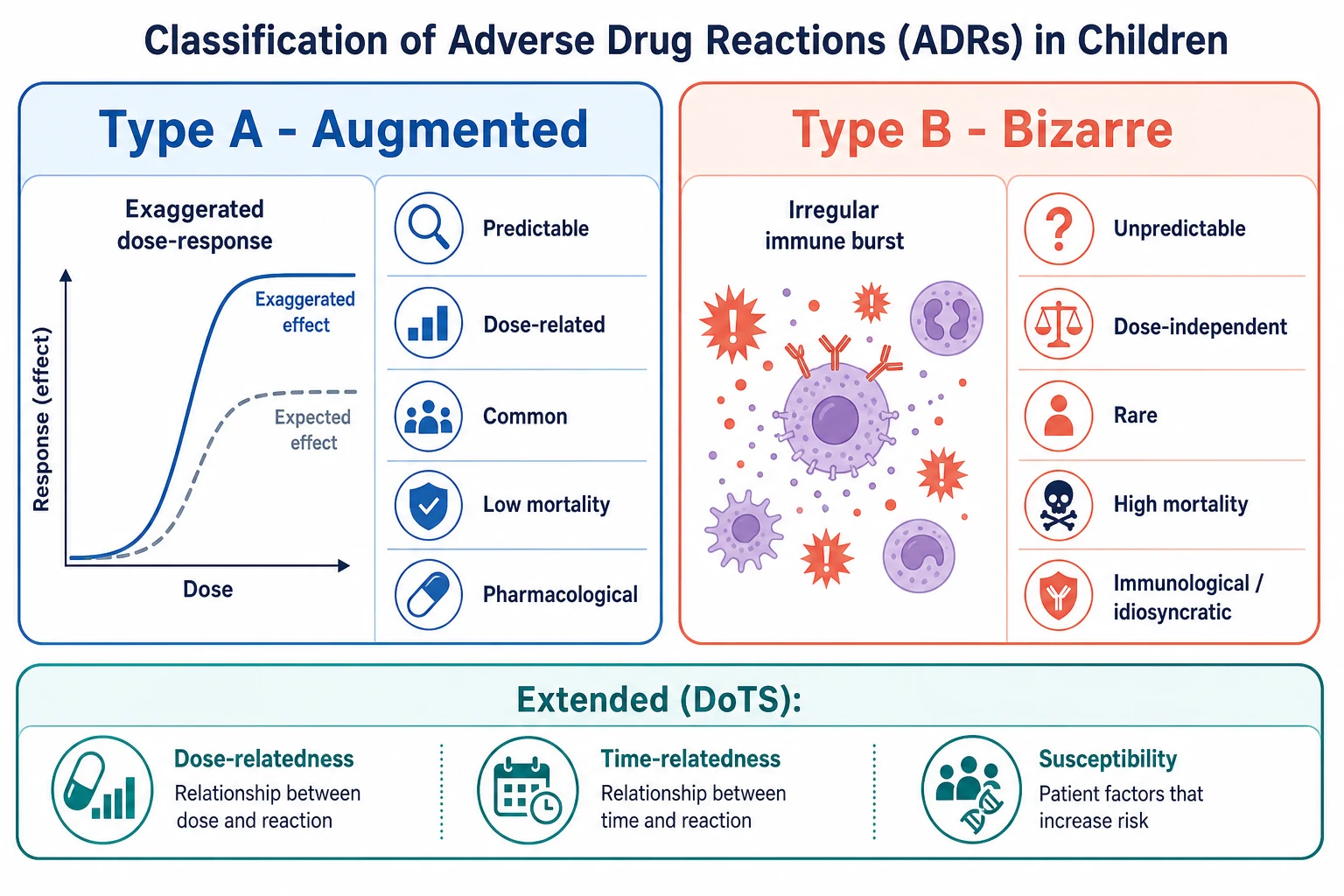 Two-panel infographic contrasting Type A (Augmented) and Type B (Bizarre) adverse drug reactions with the extended DoTS classification bar
