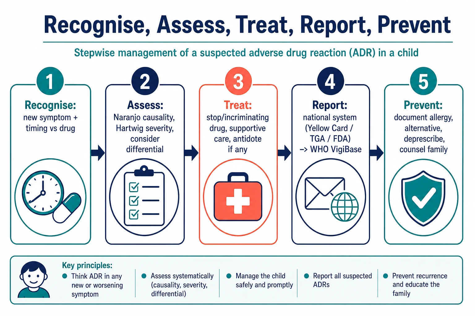 Five-step flowchart Recognise Assess Treat Report Prevent for the management of a suspected adverse drug reaction in a child