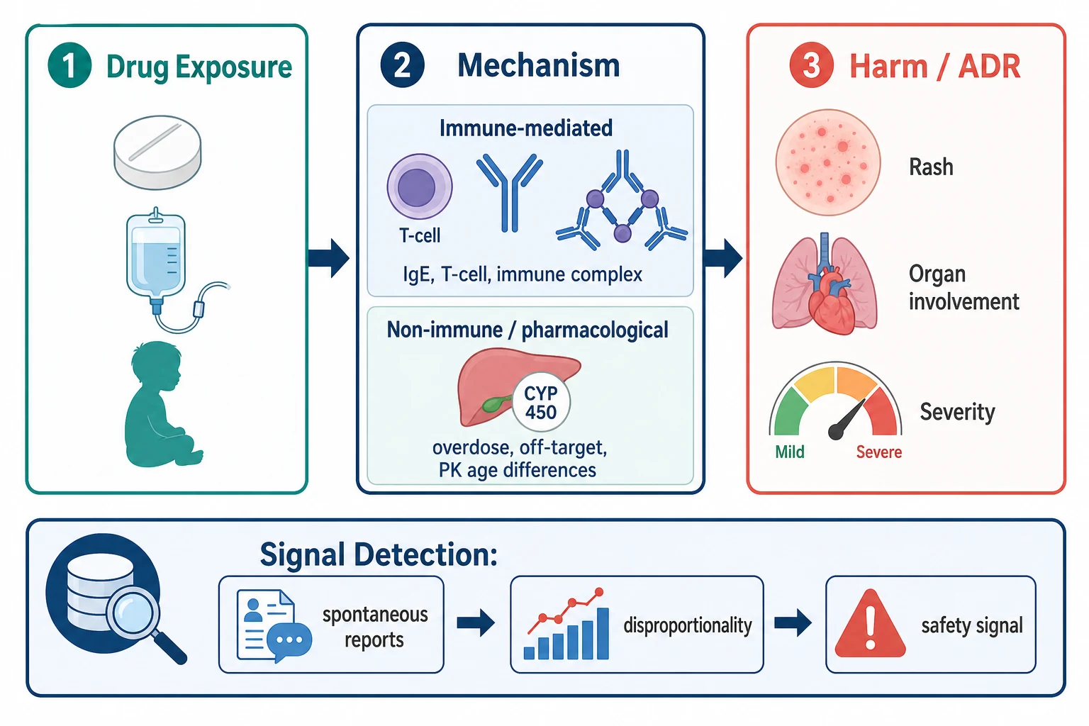 Mechanism map from drug exposure through immune-mediated and non-immune pharmacological pathways to harm, with a signal-detection band showing spontaneous reports, disproportionality and safety signal