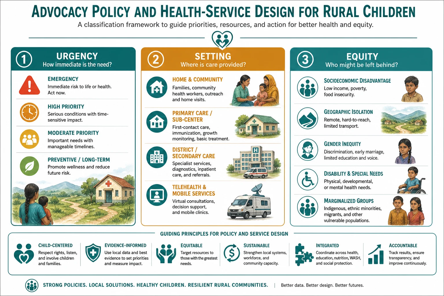 Classification diagram for advocacy, policy and health-service design for rural children showing urgency, setting and equity axes.