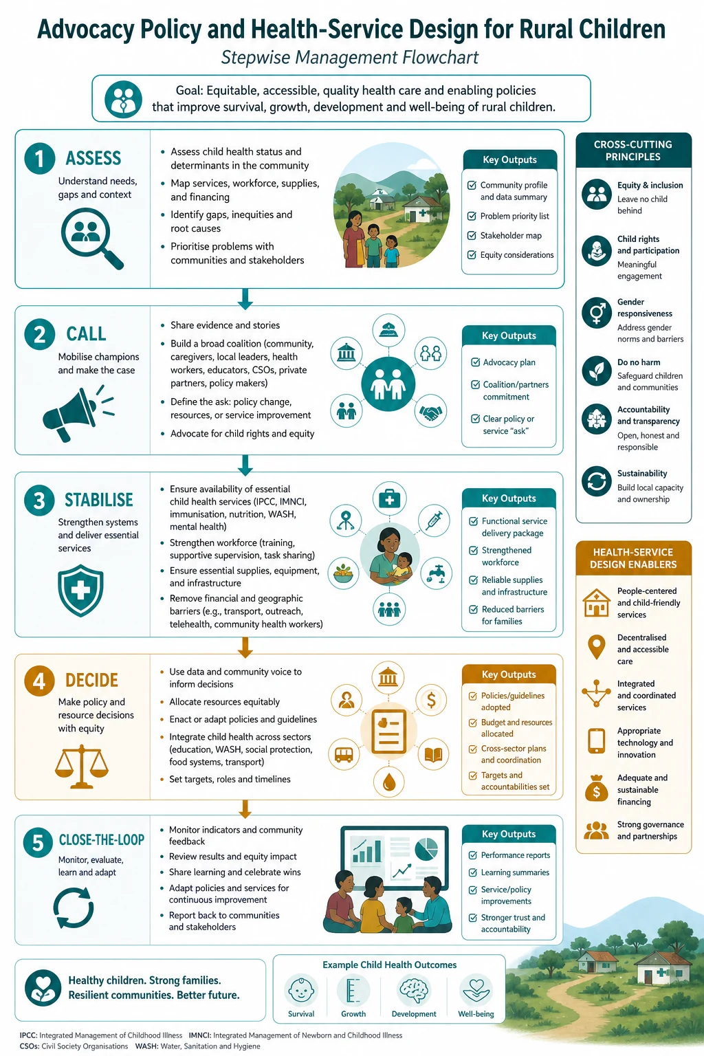 Stepwise management algorithm for advocacy, policy and health-service design for rural children from assessment through escalation and closed-loop handover.