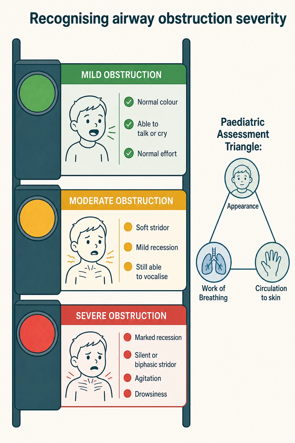 A traffic-light ladder classifying paediatric airway obstruction severity into mild, moderate, and severe tiers with their bedside signs, alongside a three-element paediatric assessment triangle showing appearance, work of breathing, and circulation to skin.