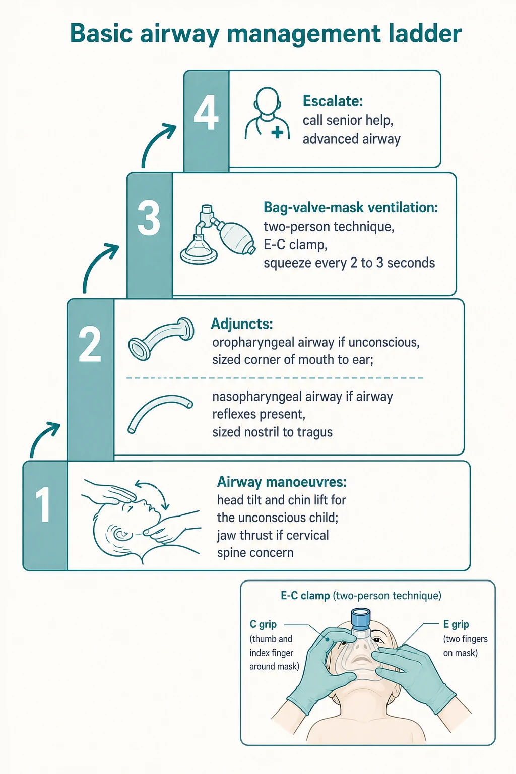 Stepwise basic airway management ladder for a child in four ascending numbered steps: airway manoeuvres, airway adjuncts with sizing, two-person bag-valve-mask ventilation with an E-C clamp, and escalation to senior help and a definitive airway, with a small inset showing two hands forming a C and E around a face mask.