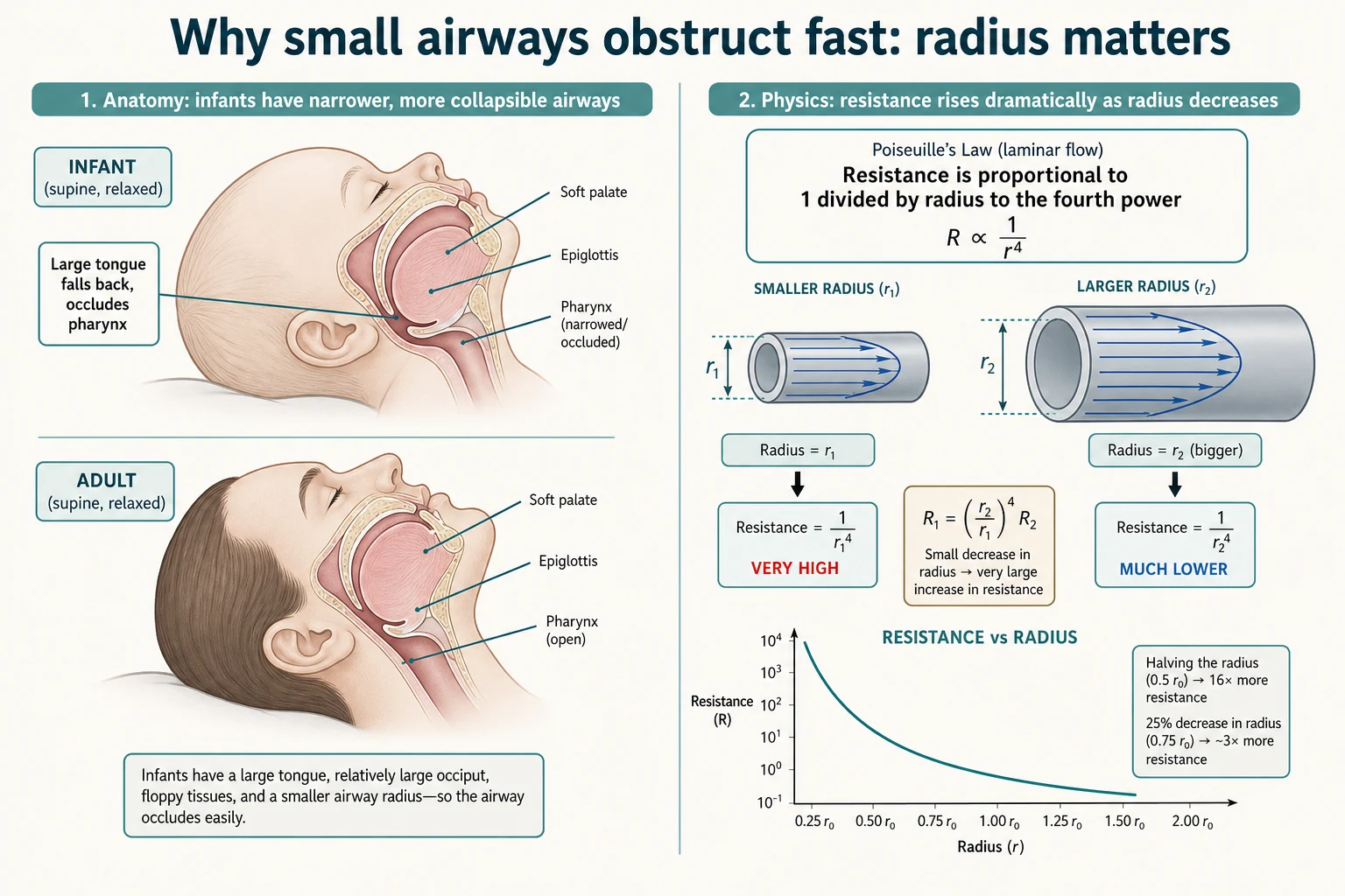 Schematic of an infant airway cross-section showing the large tongue falling back to occlude the pharynx, beside a tube diagram illustrating that airway resistance rises steeply as the radius falls, labelled with Poiseuille's law that resistance is proportional to one divided by radius to the fourth power.