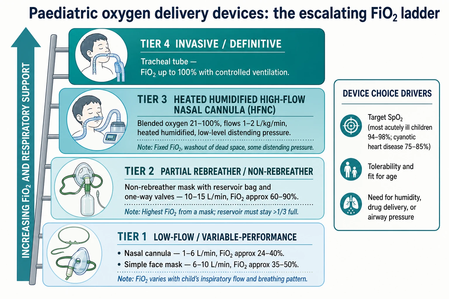 A stepwise ladder of paediatric oxygen delivery devices across four tiers from low-flow nasal cannula and simple face mask, up to a non-rebreather reservoir mask, then heated humidified high-flow nasal cannula, and at the top a tracheal tube, each labelled with its flow rate and approximate FiO2, beside a box listing the drivers of device choice.
