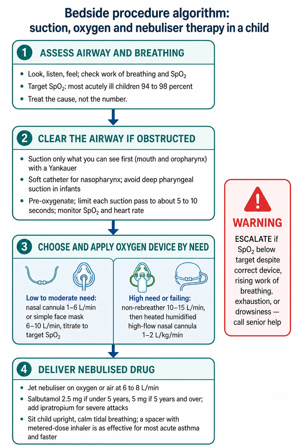 A four-step bedside procedure flowchart for a child: assess airway and breathing with a target SpO2, clear the airway by suction with pre-oxygenation and short monitored passes, choose and apply the oxygen device by severity from low-flow to non-rebreather to high-flow, then deliver the nebulised drug, with a red escalation warning to call senior help if the child fails to improve.