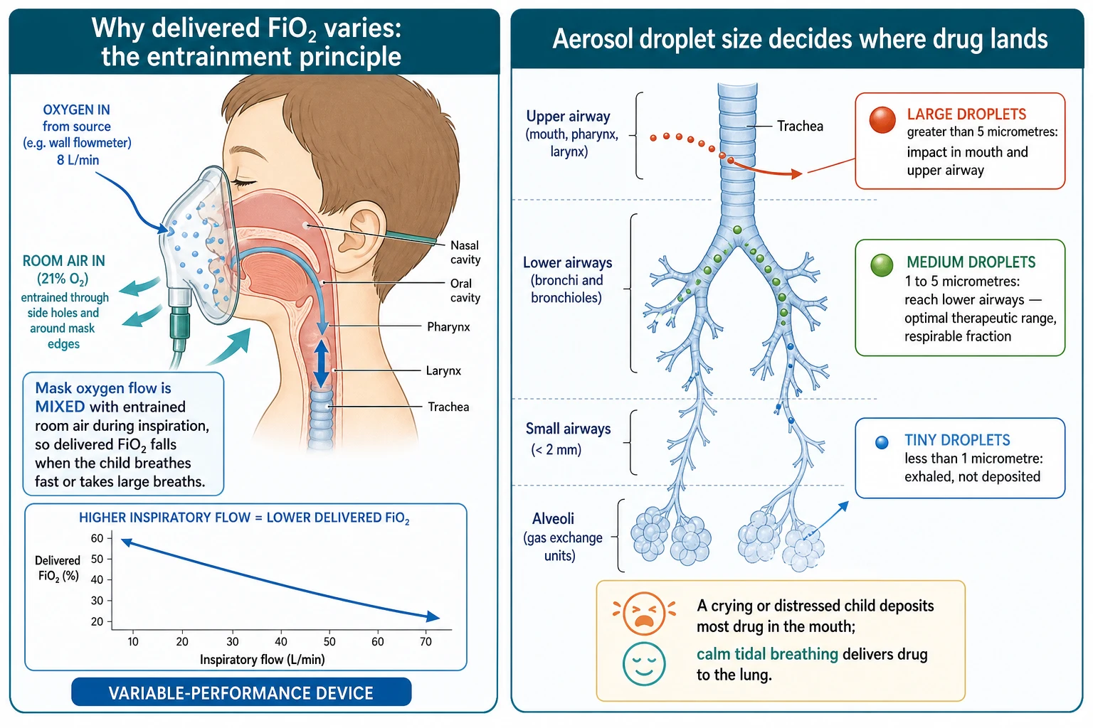 Two-panel schematic: on the left, a cross-section of the nose, mouth and trachea showing a face mask delivering oxygen with large arrows of room air being entrained through the mask side holes and around the edges during inspiration, diluting the oxygen; on the right, the branching airway tree showing three droplet sizes landing at different depths — large droplets in the mouth and upper airway, medium droplets reaching the lower airways, and tiny droplets being exhaled.