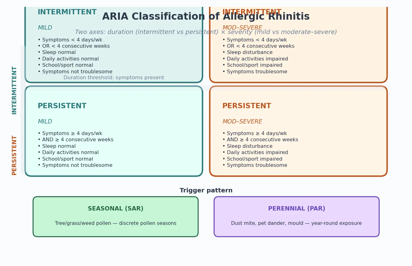 ARIA 2x2 classification of allergic rhinitis by duration and severity, with seasonal versus perennial trigger patterns