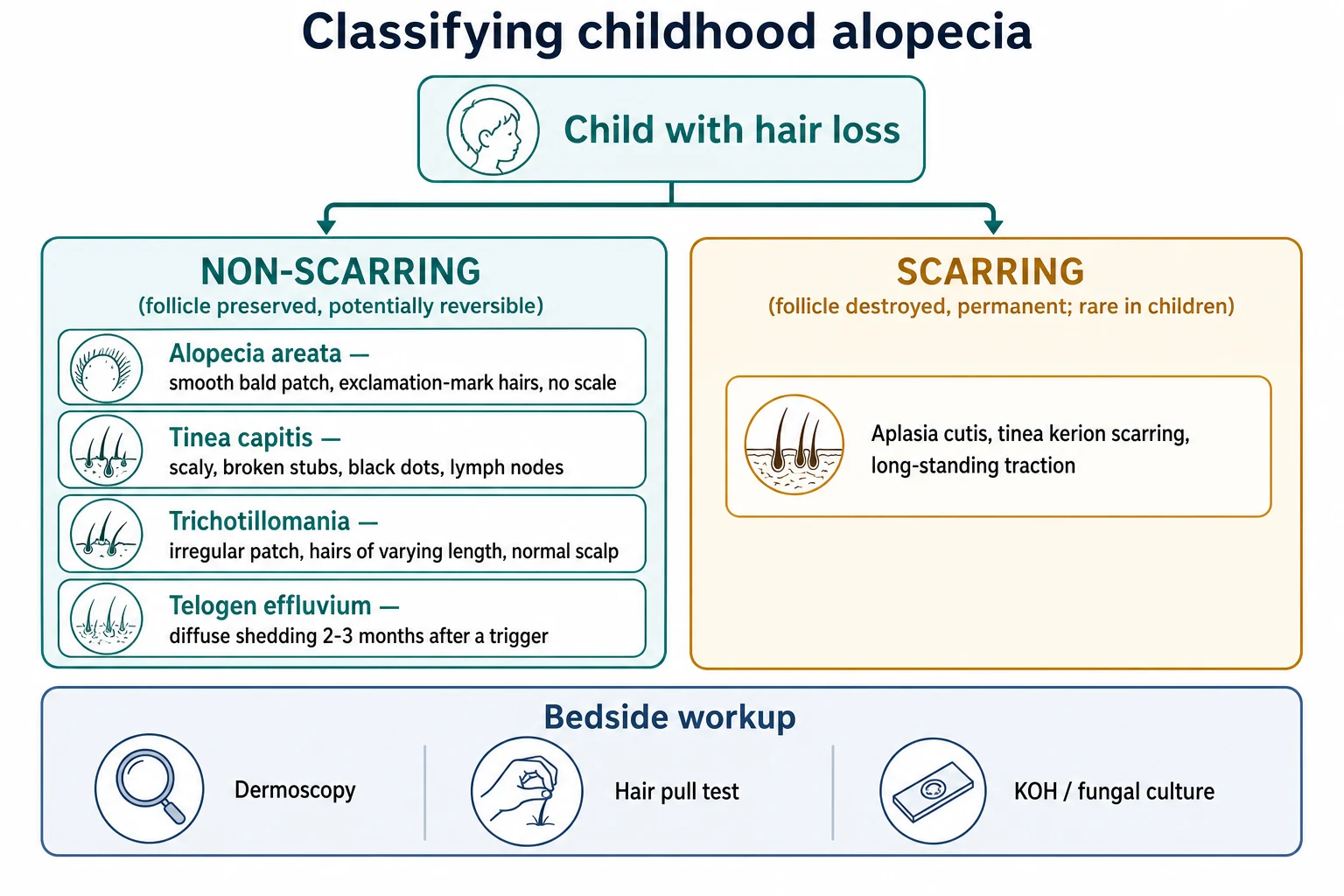 Educational diagnostic flowchart classifying childhood alopecia into non-scarring causes (alopecia areata, tinea capitis, trichotillomania, telogen effluvium) versus the rare scarring causes, with a bedside workup banner of dermoscopy, the hair pull test and potassium hydroxide or fungal culture