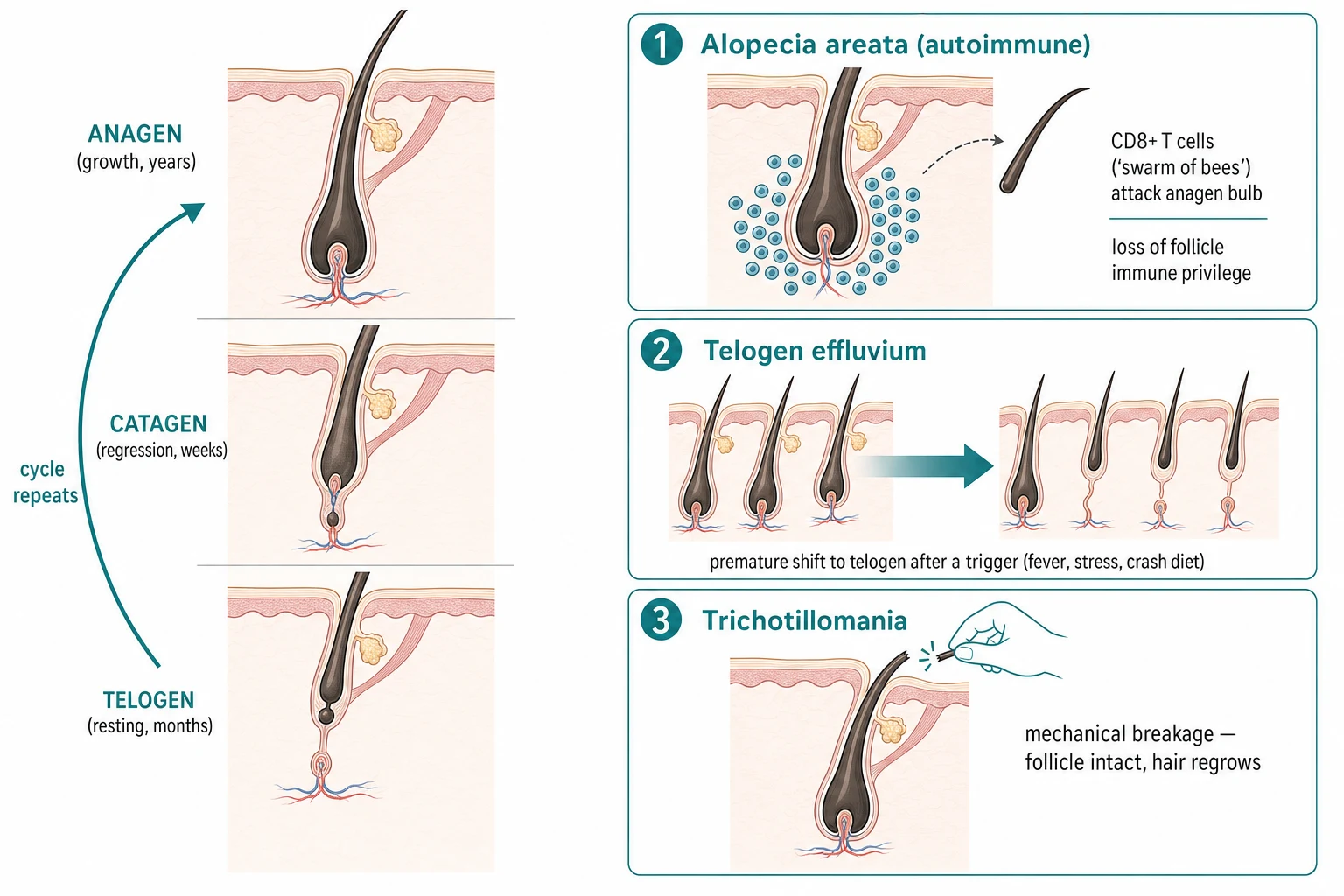 Educational cross-section showing the anagen, catagen and telogen phases of the hair cycle, with mechanism panels for the CD8-positive T-cell swarm of bees attack on the anagen bulb in alopecia areata, the premature anagen-to-telogen shift of telogen effluvium, and the intact-follicle mechanical breakage of trichotillomania