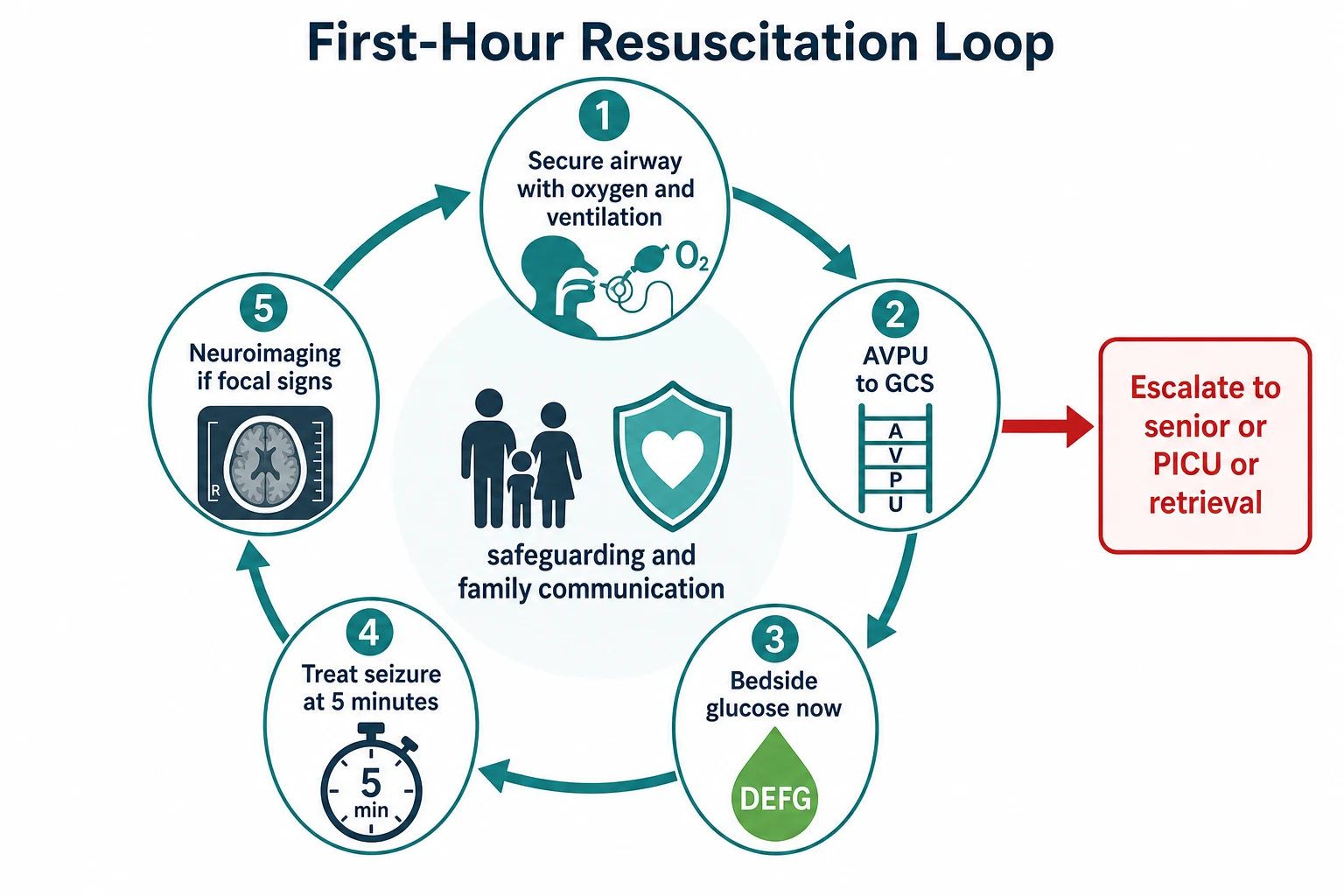 Reviewed educational schematic of the first-hour resuscitation loop for altered consciousness: secure airway with oxygen and ventilation, AVPU to GCS, check pupils and posture, bedside glucose now, treat seizure at five minutes, neuroimaging if focal signs, escalate to senior or PICU or retrieval, with family communication and safeguarding at the centre