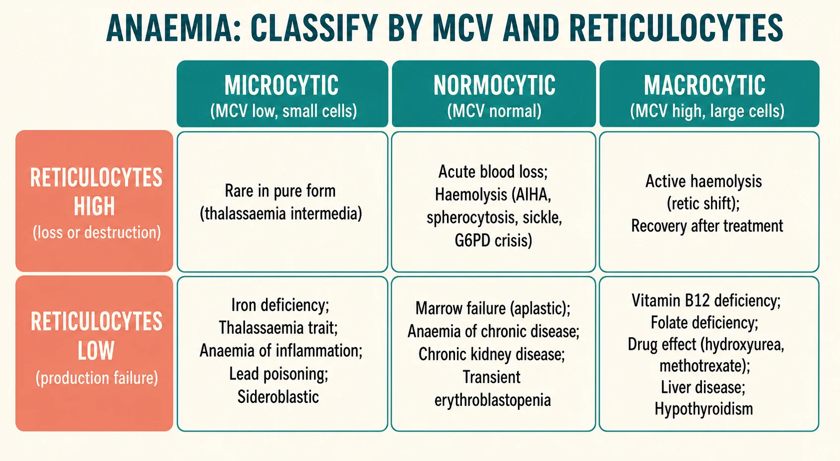 MCV by reticulocyte classification grid showing microcytic, normocytic and macrocytic columns crossed with high versus low reticulocyte rows and the diagnoses each cell contains