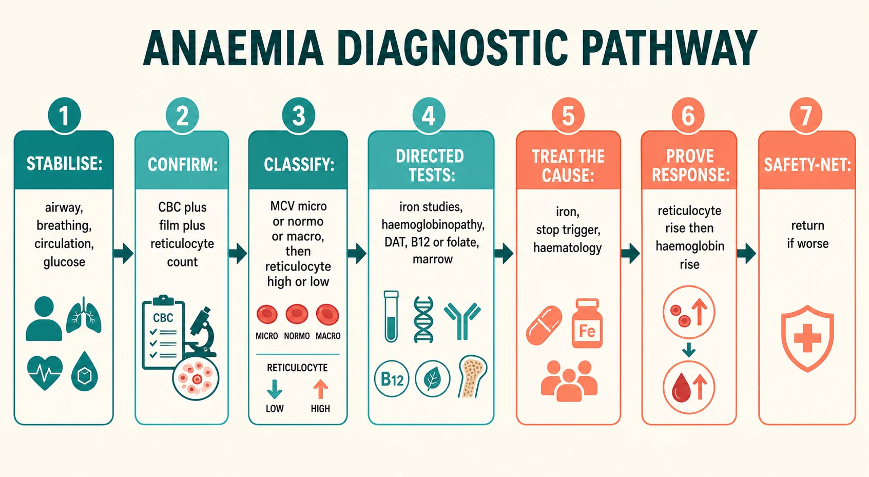 Stepwise anaemia diagnostic pathway from stabilisation through confirm, classify, directed tests, treat the cause, prove response and safety-net