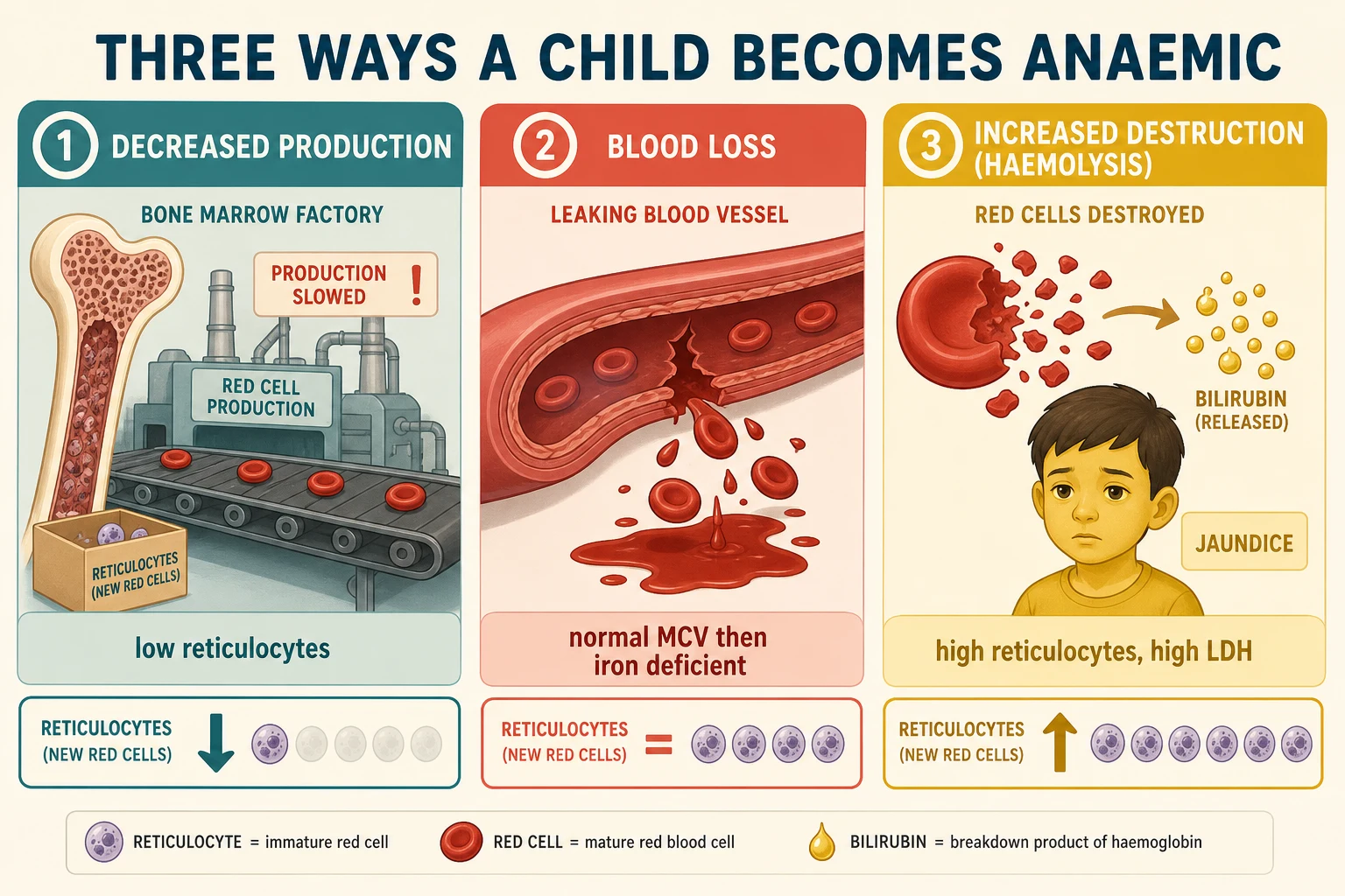 Three mechanisms of paediatric anaemia with their reticulocyte patterns: decreased production with low reticulocytes, blood loss, and haemolysis with high reticulocytes