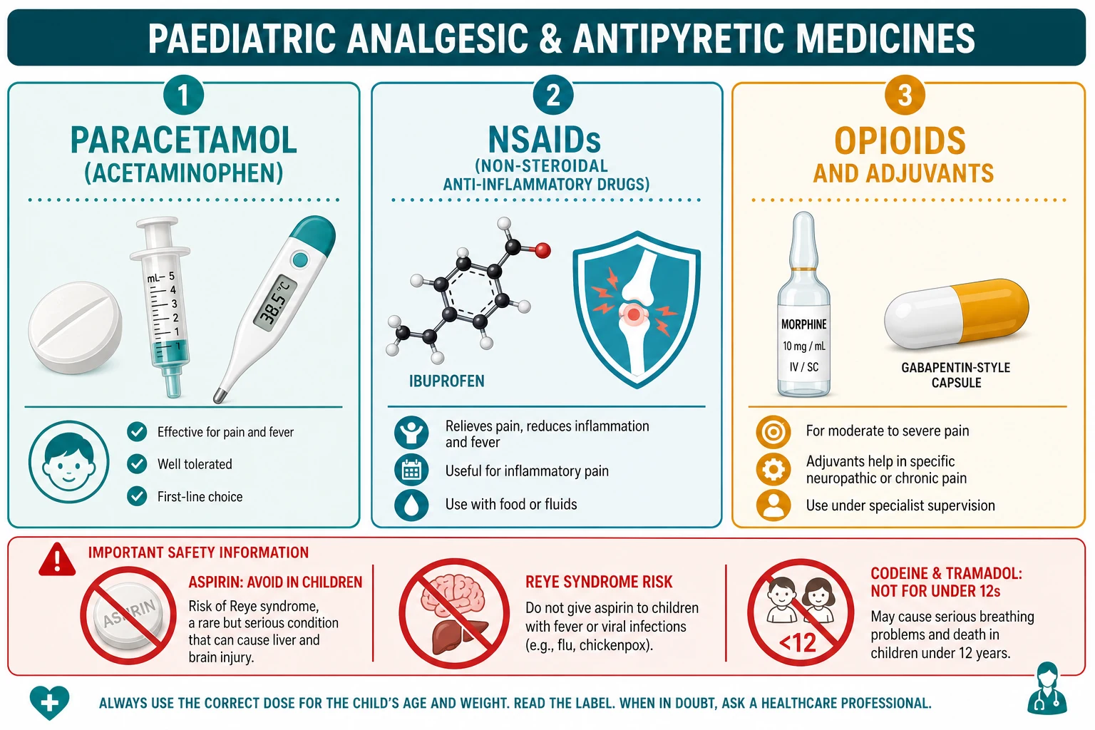 Reviewed educational infographic with three columns comparing the classes of paediatric analgesic and antipyretic. Left column: simple analgesics, paracetamol, with a tablet, an oral dosing syringe and a thermometer icon. Middle column: non-steroidal anti-inflammatory drugs, ibuprofen, naproxen and diclofenac, with an inflammation shield icon. Right column: opioids and adjuvants, morphine, and the restricted codeine and tramadol, with a gabapentin-style capsule and a ketamine vial. A bottom warning strip shows an aspirin-and-Reye-syndrome caution and a codeine-tramadol under-12 restriction icon.