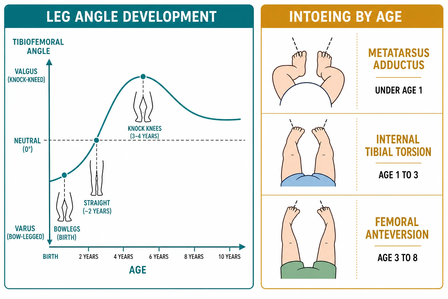 Two-panel schematic. Left panel titled Leg Angle Development shows a line graph of the tibiofemoral angle against age from birth to ten years, the curve starting in varus or bow-legged at birth, crossing neutral around two years, peaking in valgus or knock-kneed at three to four years, and settling to a slight adult valgus by seven years. Right panel titled Intoeing by Age shows three rows with top-down foot icons and labels: metatarsus adductus under age one, internal tibial torsion age one to three, and femoral anteversion age three to eight.