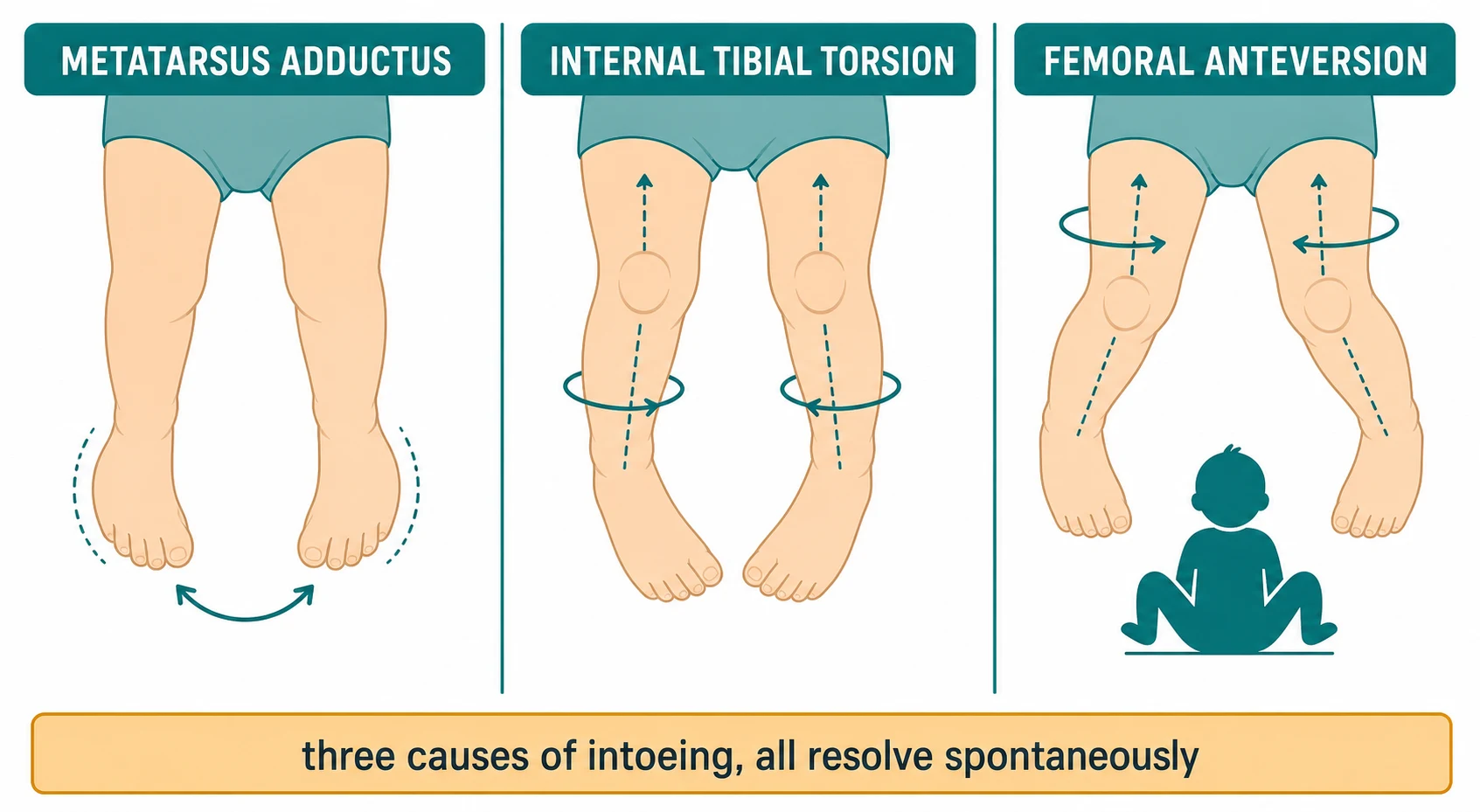 Three side-by-side panels each showing a top-down bird's-eye view of a child's two legs and feet. Left panel labelled Metatarsus Adductus shows both feet with the forefoot curved inward and a curved arrow. Middle panel labelled Internal Tibial Torsion shows the kneecaps pointing forward but both feet pointing inward with a twist arrow on the lower leg. Right panel labelled Femoral Anteversion shows both the kneecaps and the feet pointing inward together with a small seated W-position icon and a twist arrow on the thigh. A caption strip reads three causes of intoeing, all resolve spontaneously.
