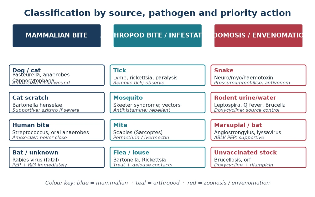Classification of animal and arthropod bites and zoonoses into mammalian bites, arthropod bites and infestations, and zoonoses and envenomation, each mapped to the key pathogen and the priority action.