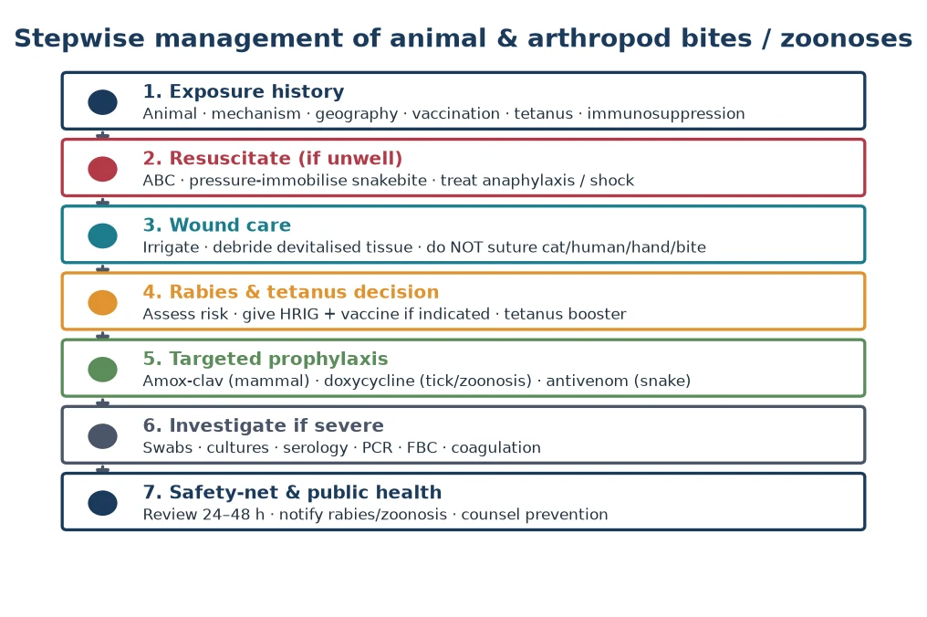 Stepwise management flowchart for animal and arthropod bites and zoonoses from exposure history through resuscitation, wound care, the rabies and tetanus decision, targeted prophylaxis, investigation, and safety-netting with public health notification.