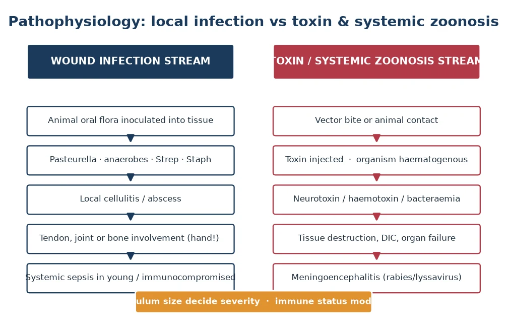 Pathophysiology of animal bites and zoonoses shown as two streams: a local wound infection stream from inoculated oral flora to cellulitis and deep structure involvement, and a toxin or systemic zoonosis stream from vector bite or toxin injection to organ failure and meningoencephalitis.