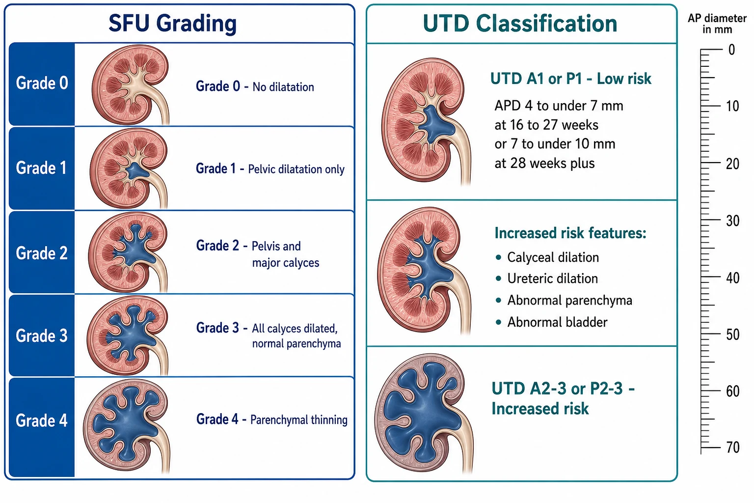 A medical-education infographic on a white background comparing two kidney hydronephrosis grading systems side by side. A blue left column titled SFU Grading shows five kidney cross-sections from grade 0 with no dilatation through to grade 4 with parenchymal thinning. A teal right column titled UTD Classification shows the low-risk UTD A1 or P1 category with mild dilatation, the increased-risk features of calyceal dilation and ureteric dilation and abnormal parenchyma, and the UTD A2-3 or P2-3 category with severe dilatation, with an anteroposterior diameter ruler along the right edge.