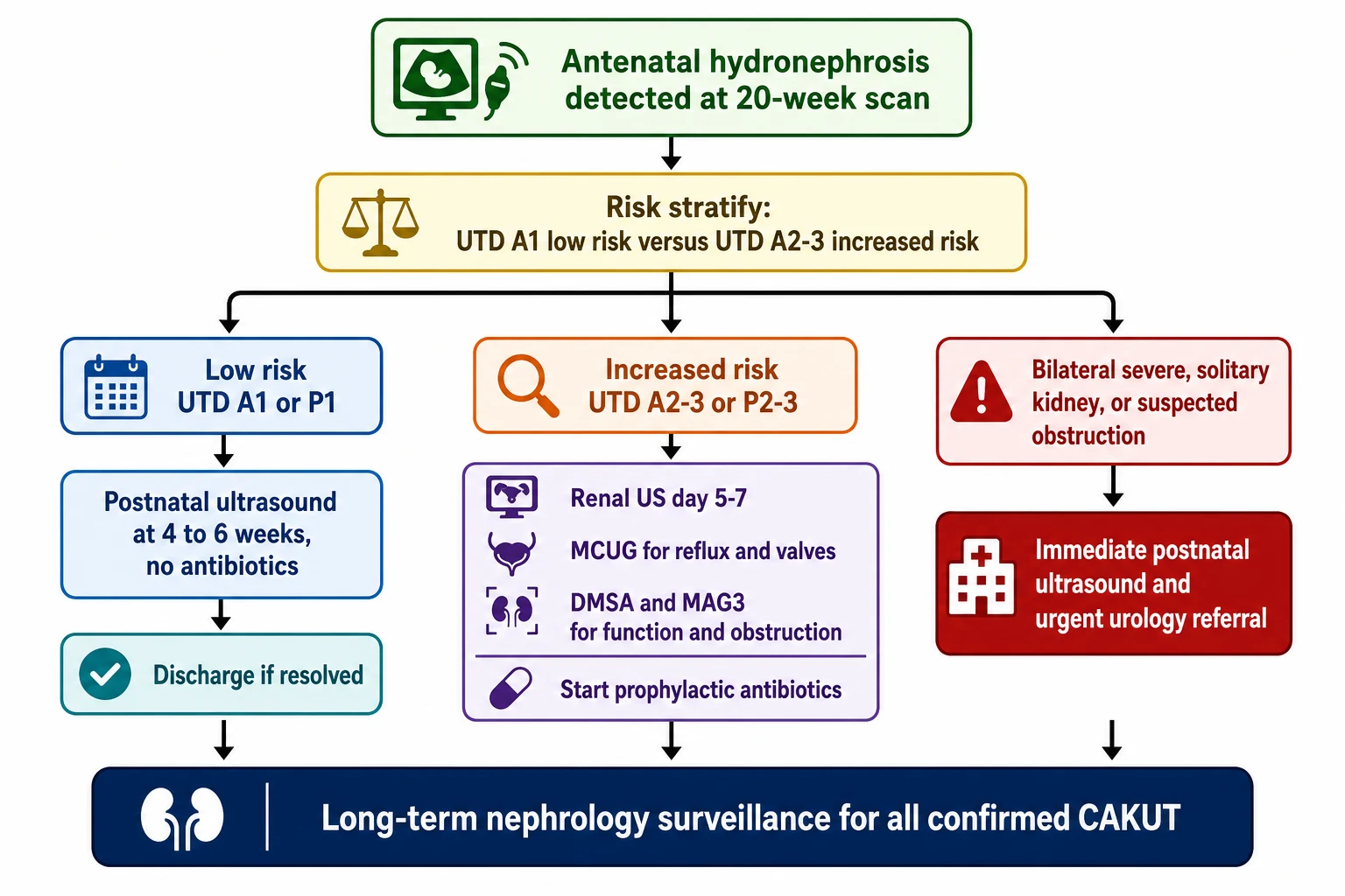 A medical-education flowchart on a white background showing the stepwise postnatal evaluation pathway for a newborn with antenatal hydronephrosis, starting with antenatal detection, branching into a low-risk pathway with postnatal ultrasound at 4 to 6 weeks, an increased-risk pathway with renal ultrasound at day 5 to 7 plus MCUG and DMSA and MAG3 plus prophylactic antibiotics, and an immediate pathway for bilateral severe or solitary kidney or suspected obstruction with urgent urology referral, ending with long-term nephrology surveillance.