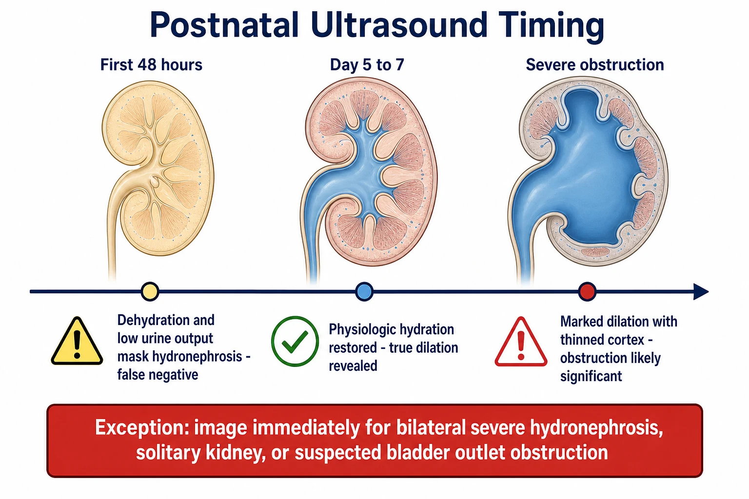 A scientific schematic on a white background showing three newborn kidney cross-sections along a horizontal timeline. A pale yellow left kidney labeled First 48 hours appears small and deflated with a barely visible pelvis and a warning caption about dehydration masking hydronephrosis. A blue middle kidney labeled Day 5 to 7 shows a clearly visible moderate fluid-filled renal pelvis with a green check mark and a caption about the true dilation revealed. A red right kidney shows a severely dilated renal pelvis with thinned cortex labeled Severe obstruction. A red banner below reads Exception image immediately for bilateral severe hydronephrosis or solitary kidney or suspected obstruction.