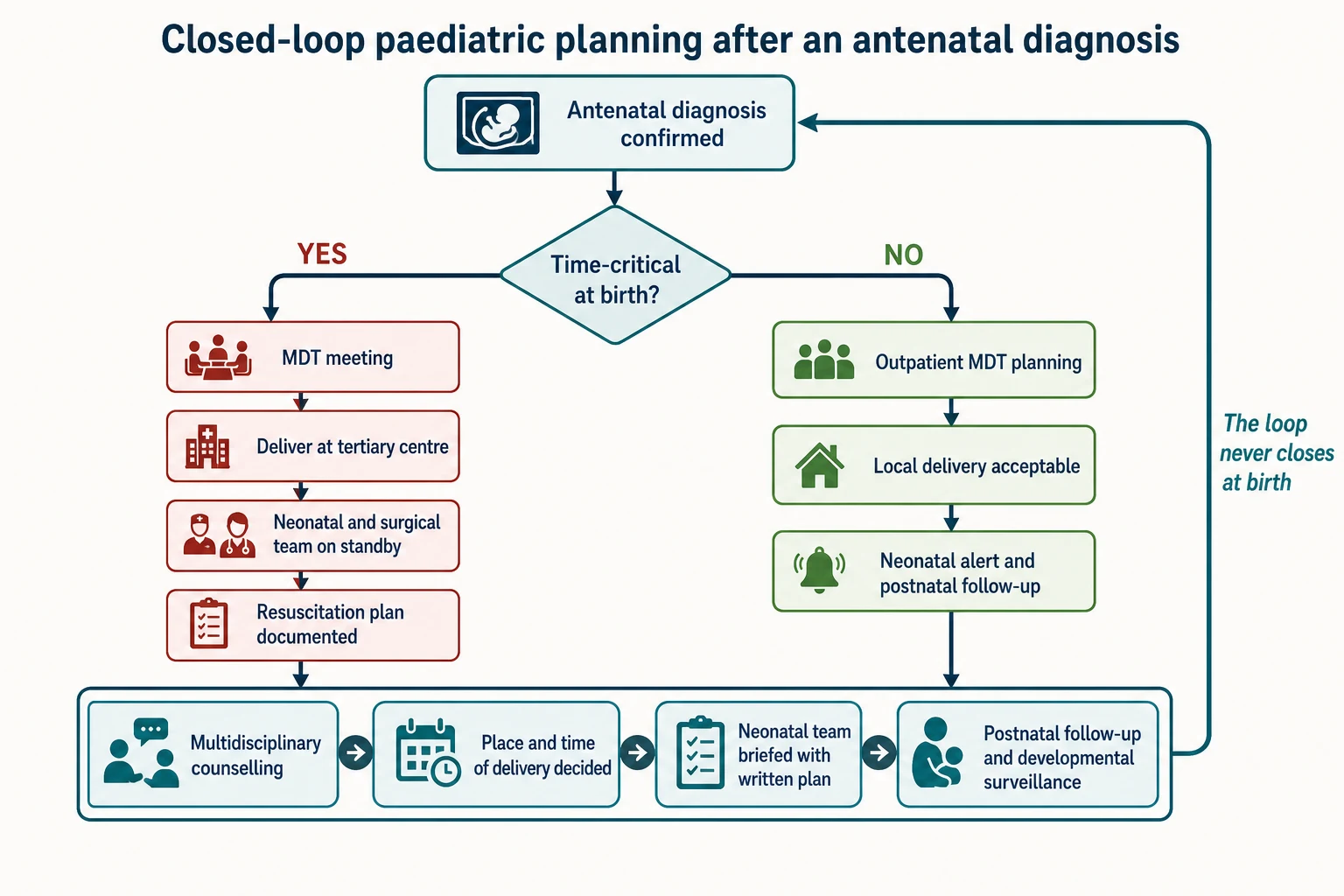 Educational flowchart of the closed-loop paediatric planning pathway with a time-critical decision branch, place/time/capability decisions, neonatal team briefing and postnatal developmental surveillance