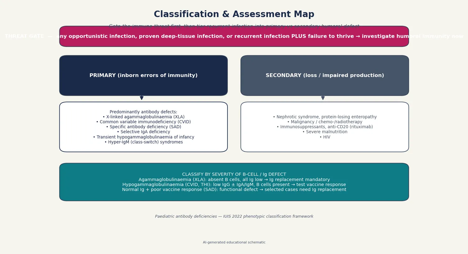 Threat gate at top for recurrent infection, then two columns splitting primary inborn errors of immunity from secondary causes, with a footer classifying severity from agammaglobulinaemia through hypogammaglobulinaemia to functional specific antibody deficiency